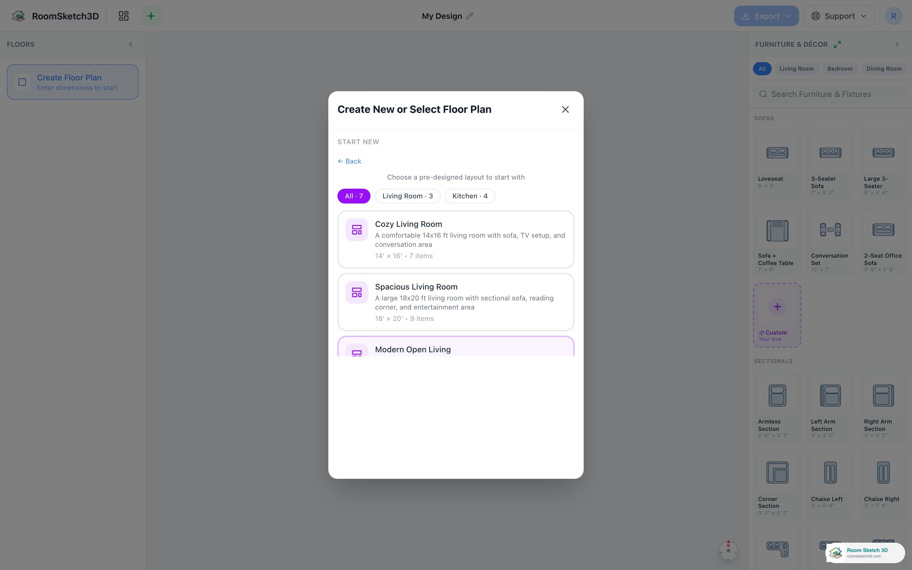 The template picker showing the All / Living Room / Kitchen tabs and the first three template cards (Cozy Living Room, Spacious Living Room, Modern Open Living) with their dimensions and item counts