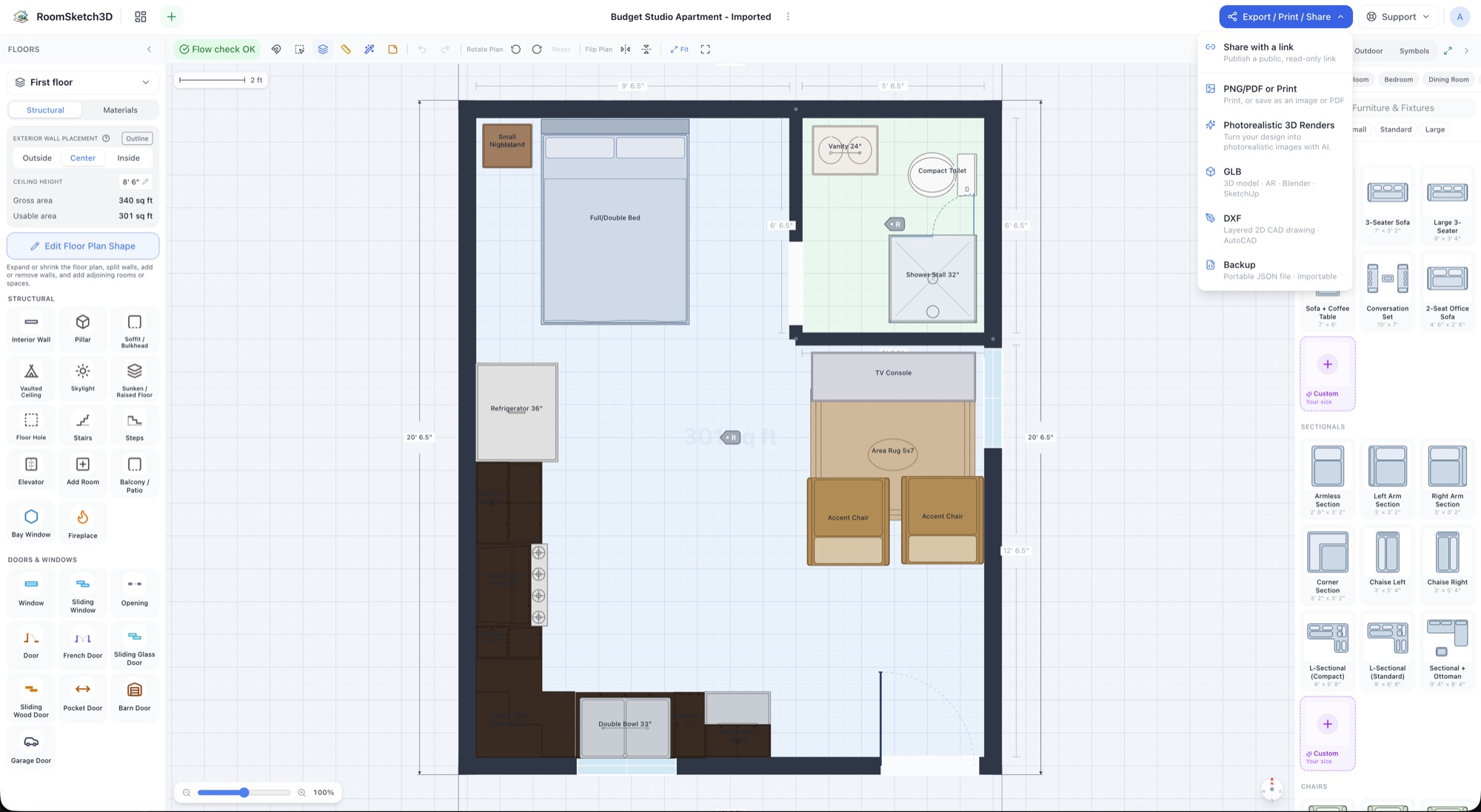 The Export / Print / Share menu in RoomSketch3D with Photorealistic 3D Renders highlighted