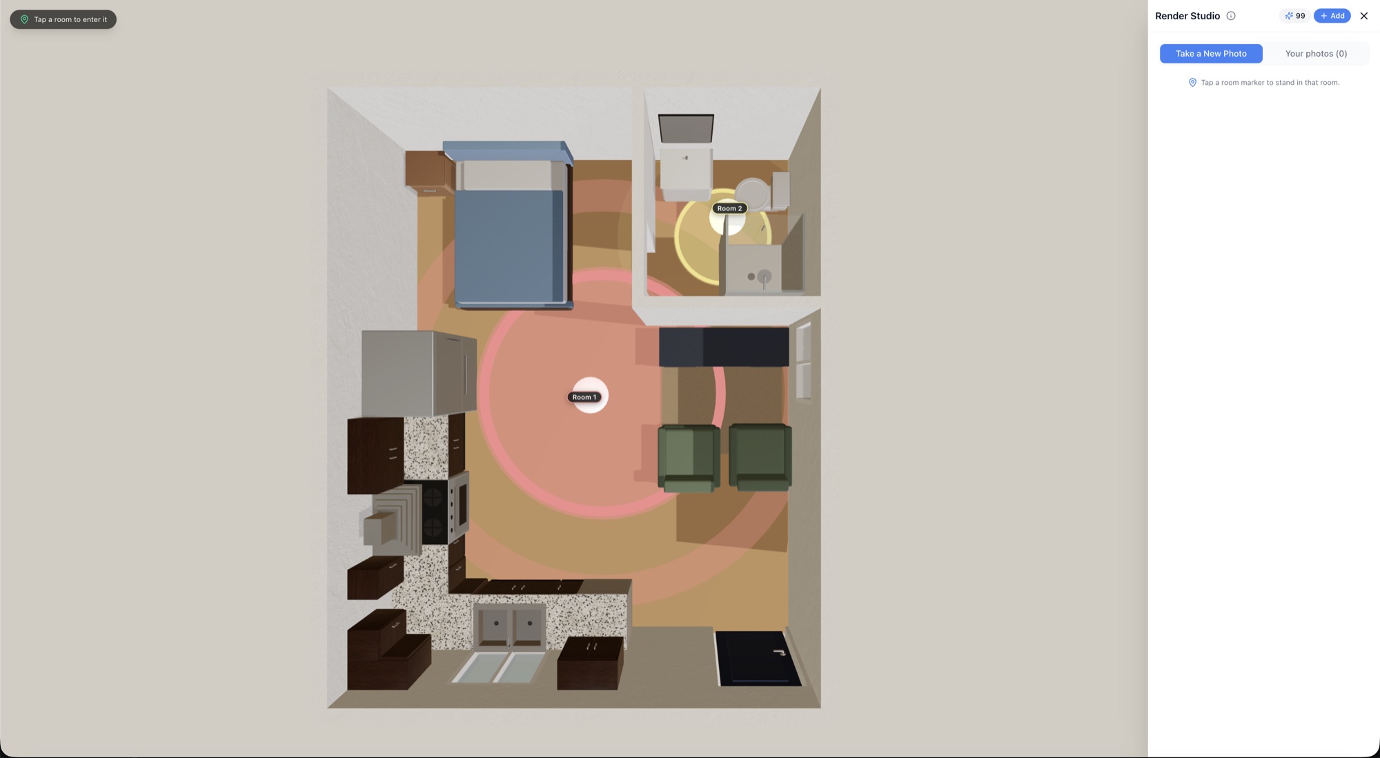 Render Studio room picker showing the floor plan in 3D from above with glowing Room 1 and Room 2 markers — RoomSketch3D home design app