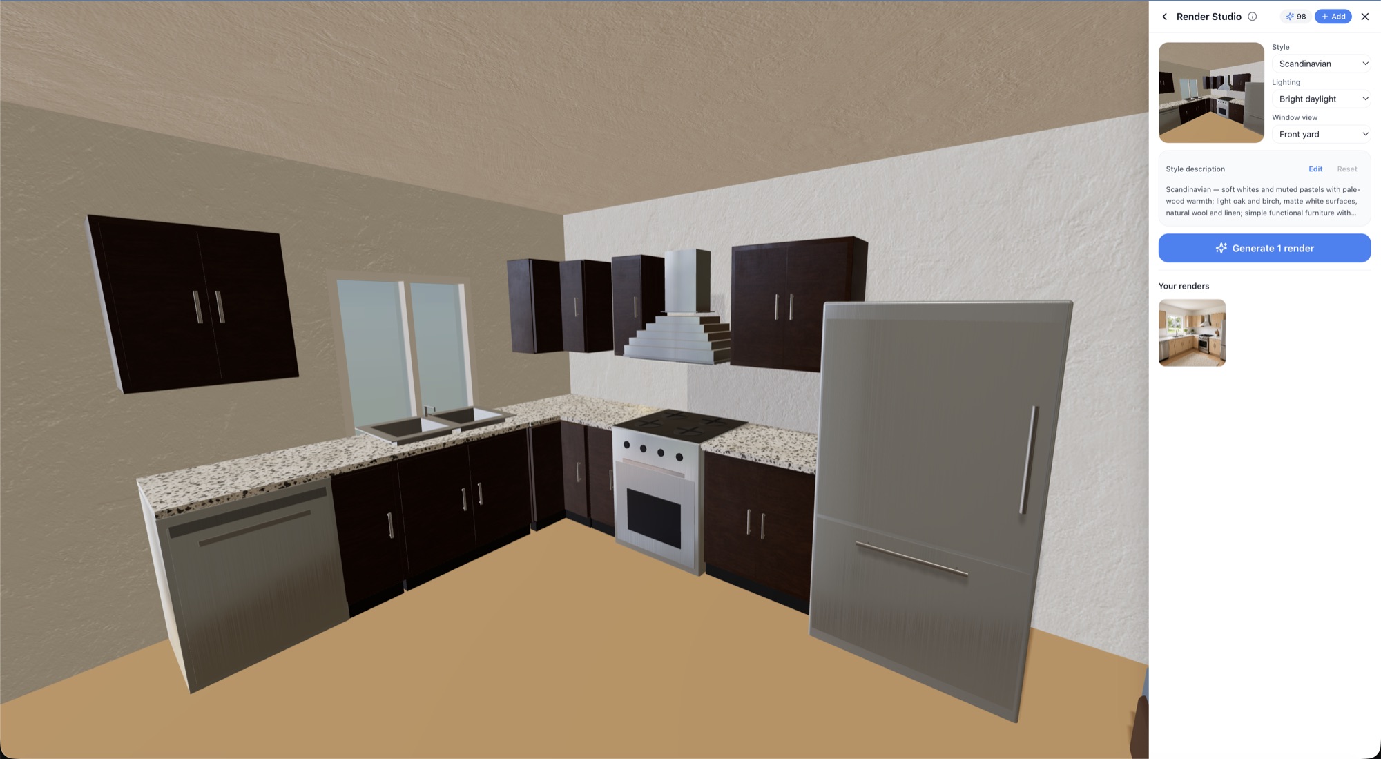 Render Studio with a captured kitchen photo and Style set to Scandinavian, Lighting to Bright daylight, and Window view to Front yard — RoomSketch3D floor plan creator