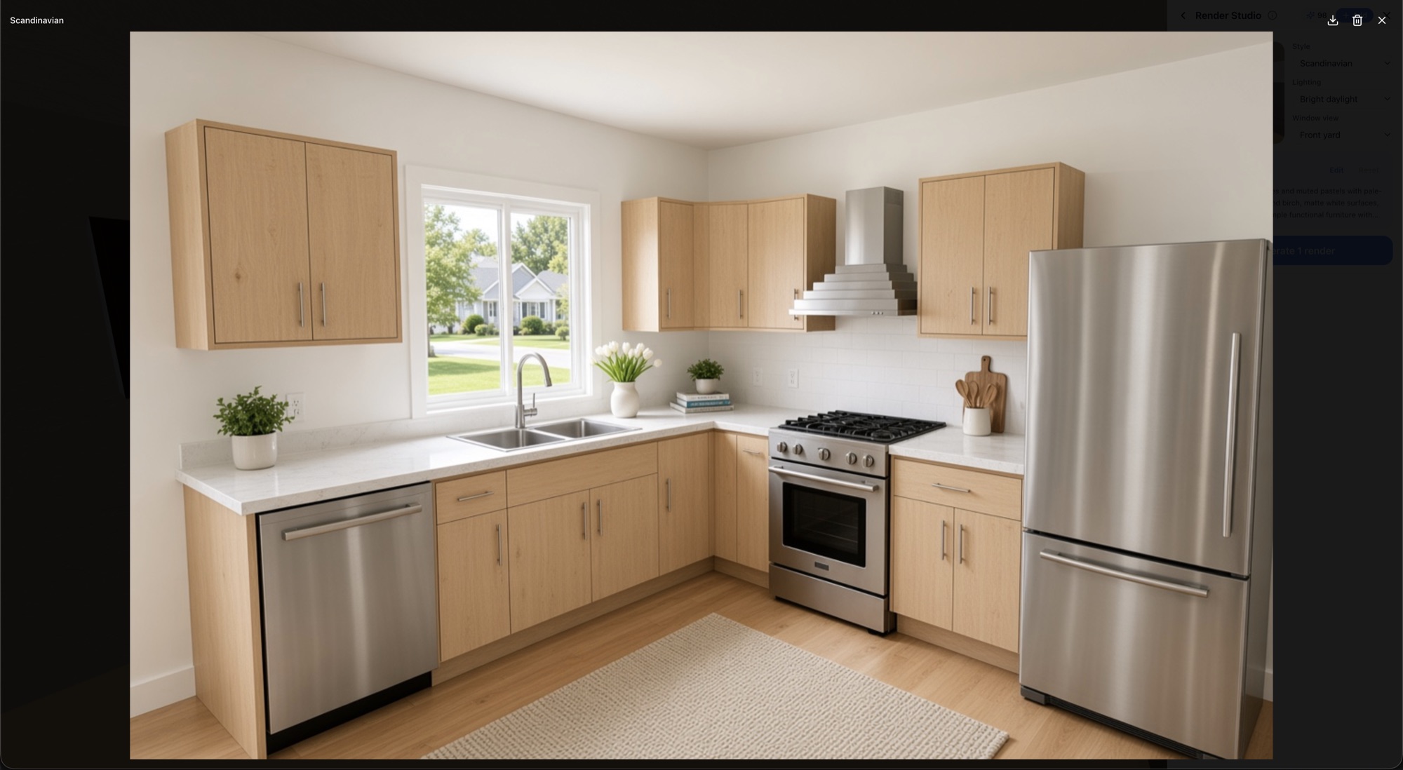 A Render Studio render opened full screen and zoomed in, with download and delete buttons — RoomSketch3D room planner app