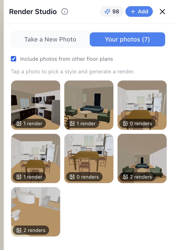 Render Studio Your photos tab with Include photos from other floor plans ticked, showing photos from several designs and their render counts — RoomSketch3D room planner app