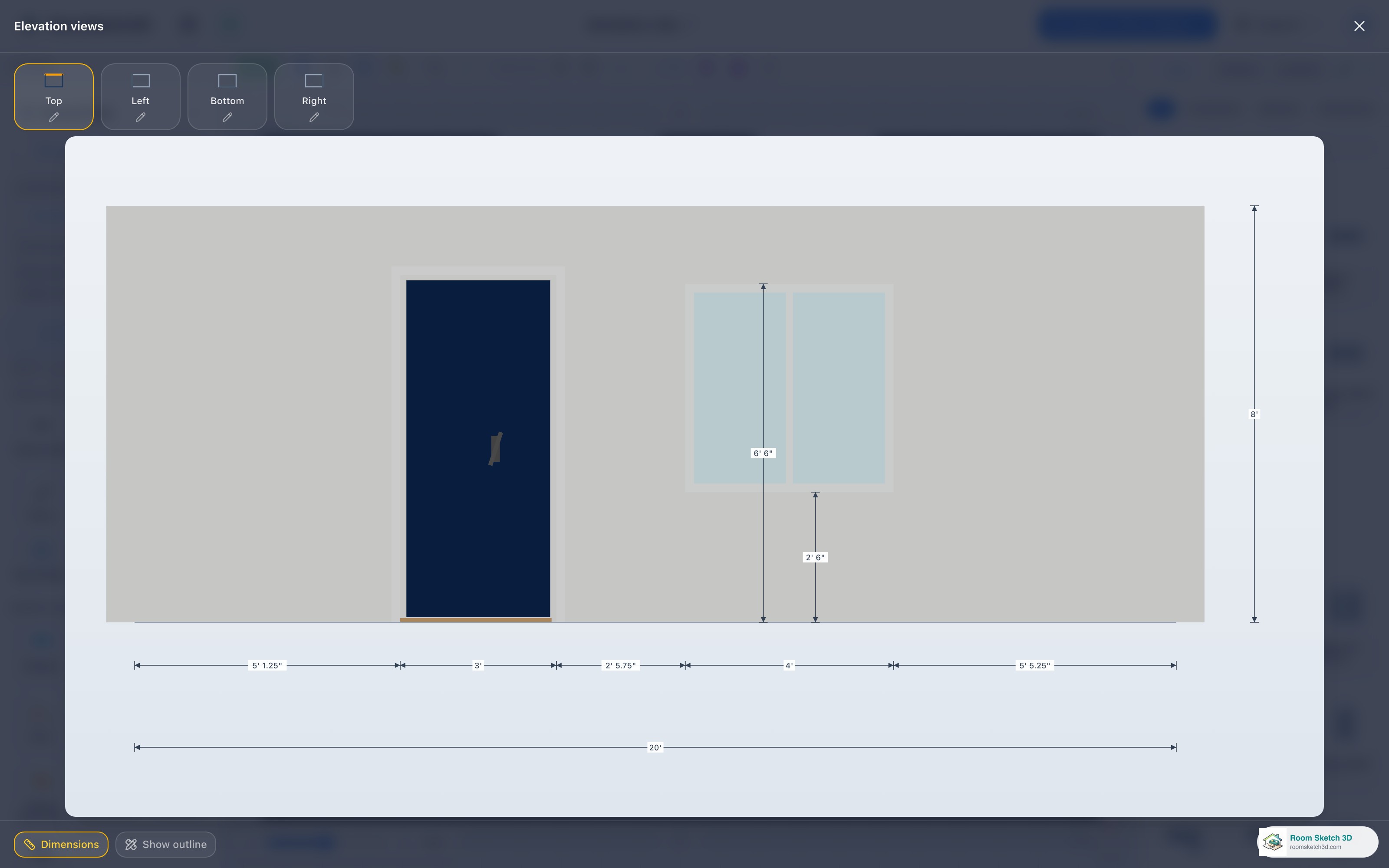 The elevation view showing a wall face with a window and door, with dimensions — RoomSketch3D room planner app