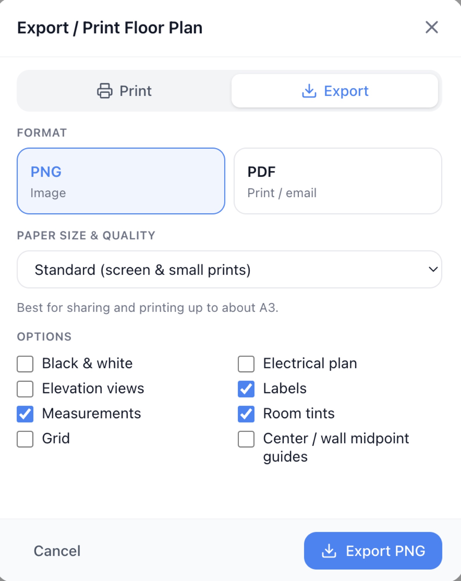 The Export / Print dialog on the Export tab with PNG selected and paper size options — RoomSketch3D 3D floorplan software