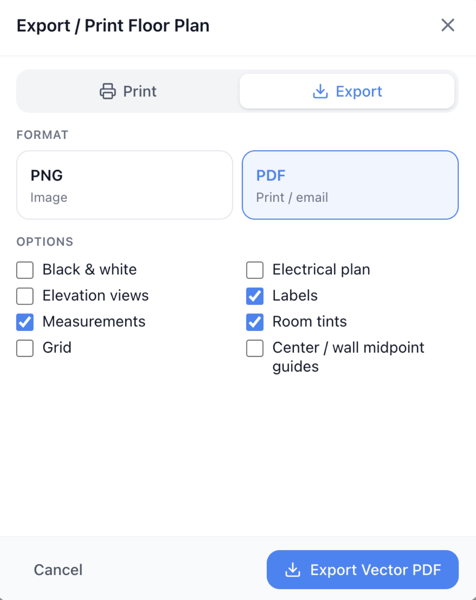 The Export / Print dialog with PDF selected and the Export Vector PDF button — RoomSketch3D floor planner