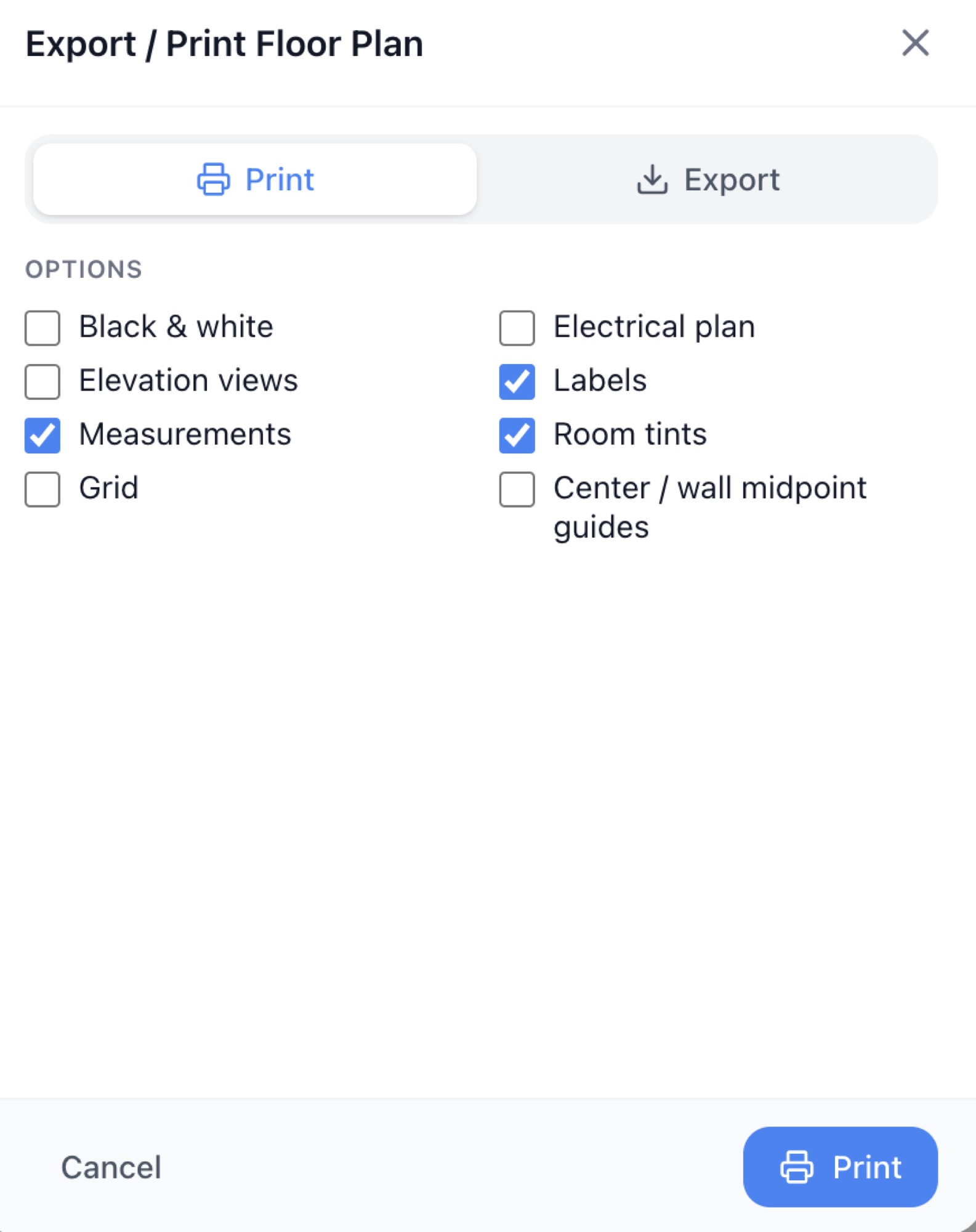 The Print tab of the Export / Print dialog with its options — RoomSketch3D floor plan creator