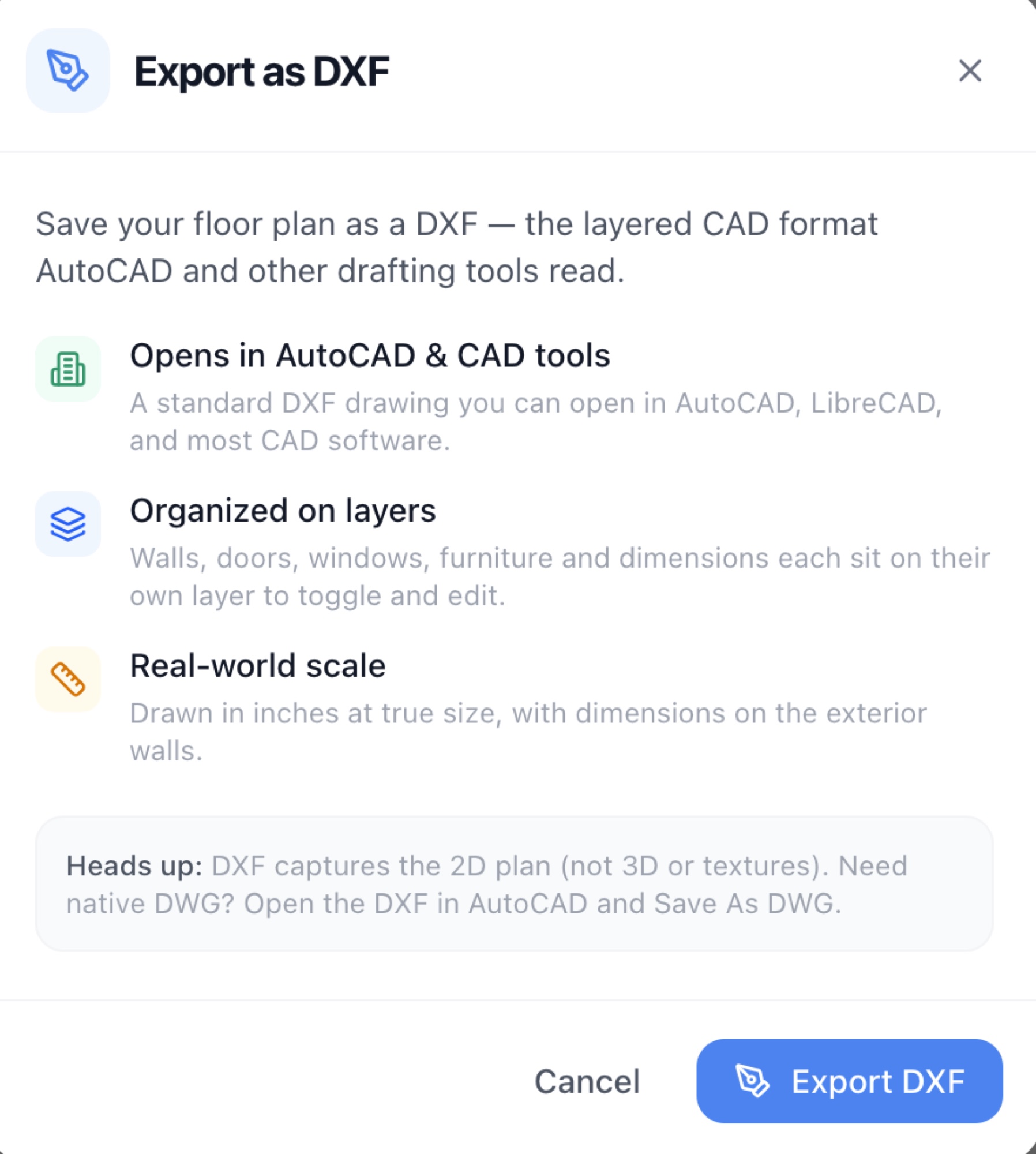The Export as DXF dialog explaining layers and real-world scale — RoomSketch3D home design app