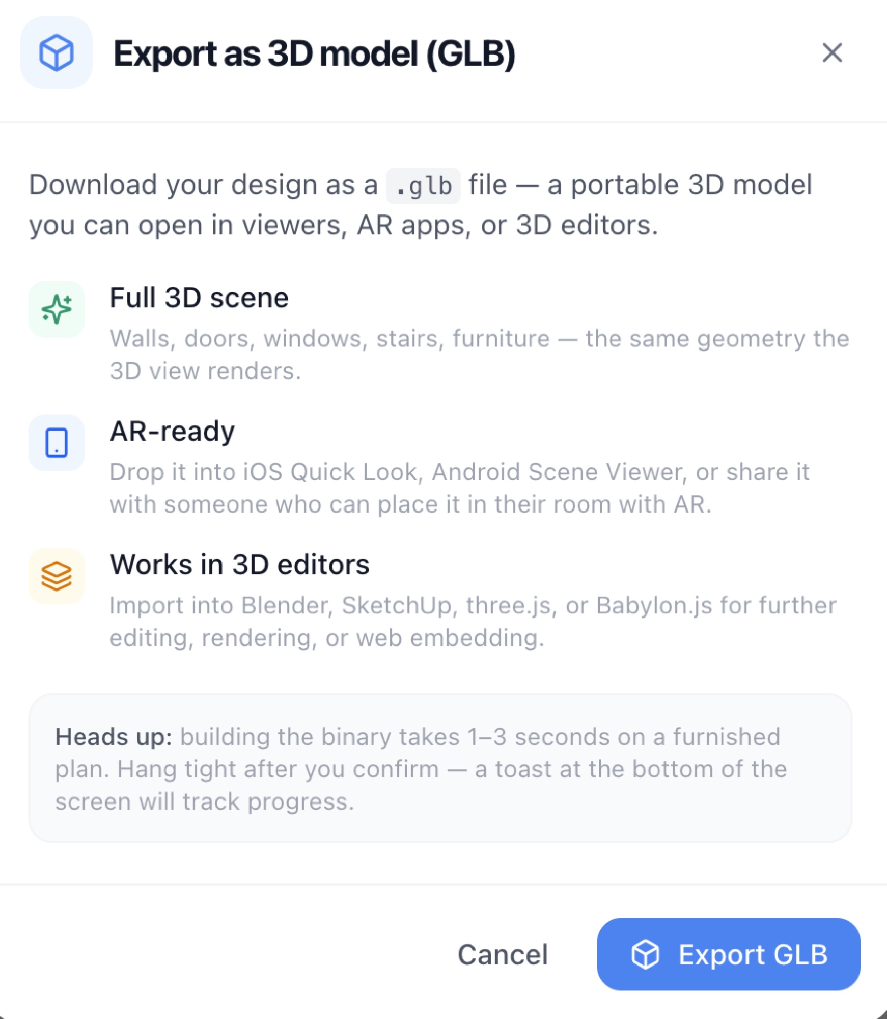 The Export as 3D model (GLB) dialog describing AR and 3D editor support — RoomSketch3D home design app