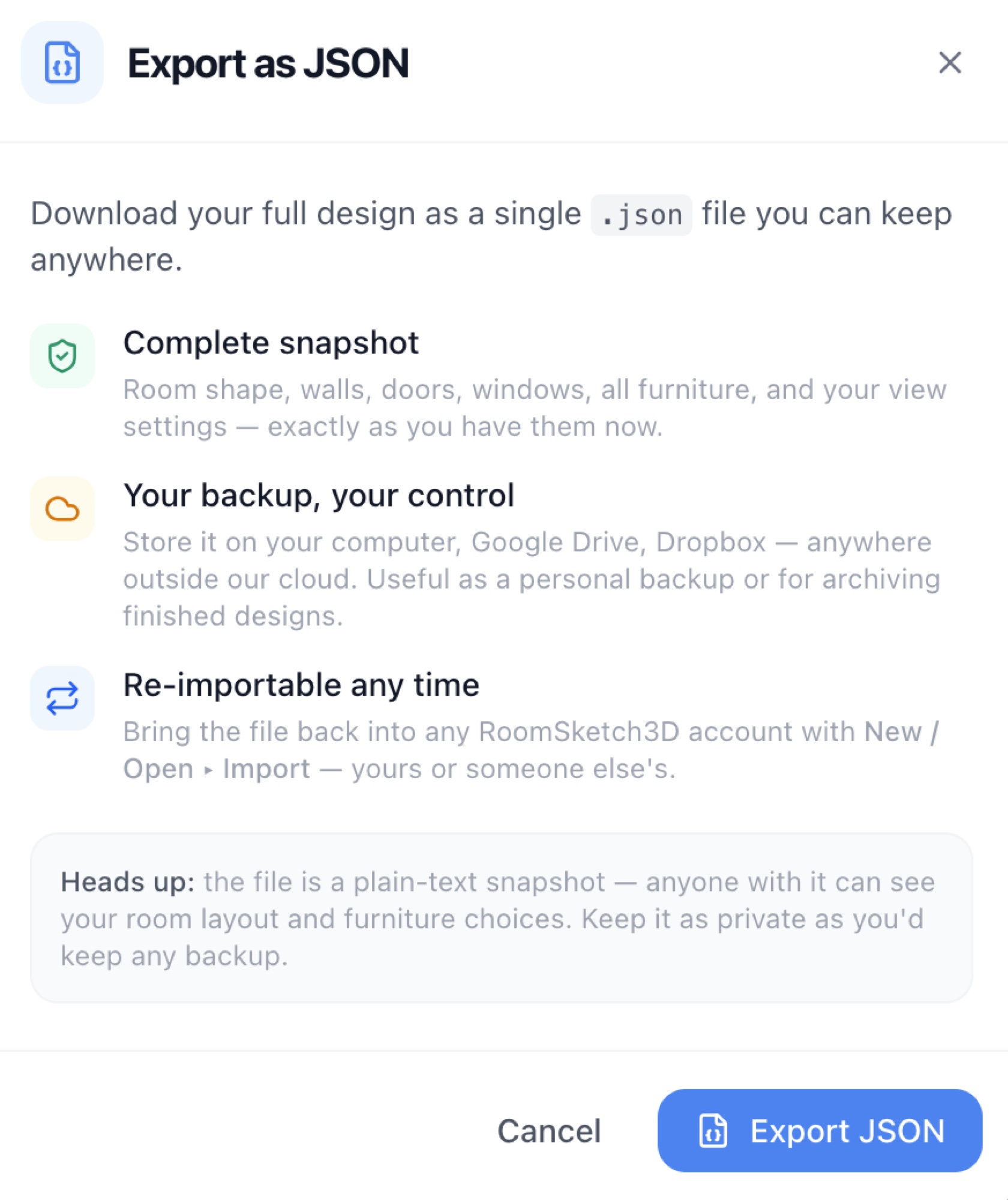 The Export as JSON dialog describing the backup file — RoomSketch3D 3D floorplan software