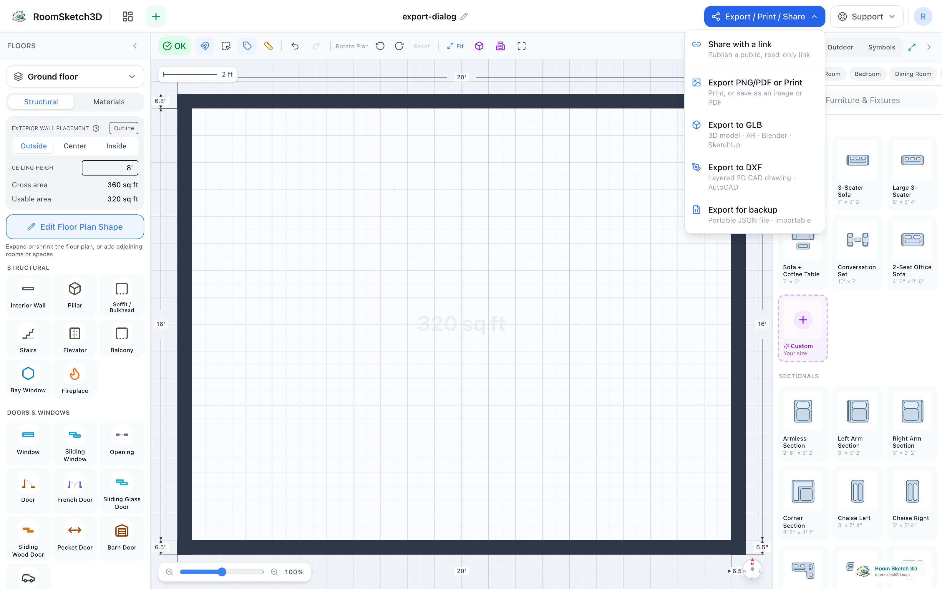 The Export / Print / Share menu with the Export to DXF option — RoomSketch3D floor plan creator
