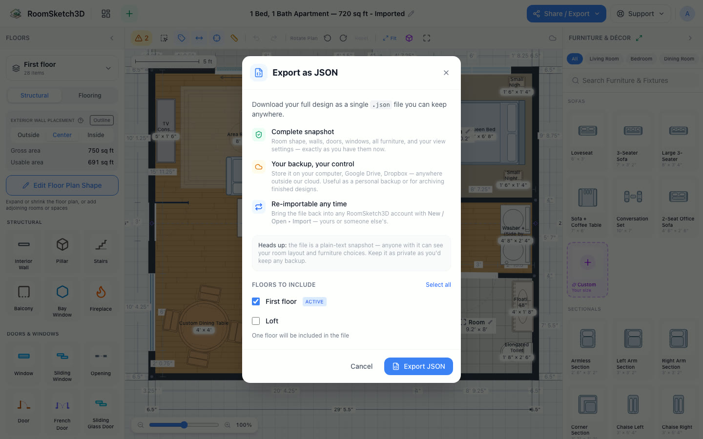 The Export as JSON dialog describing a complete, re-importable snapshot of the design