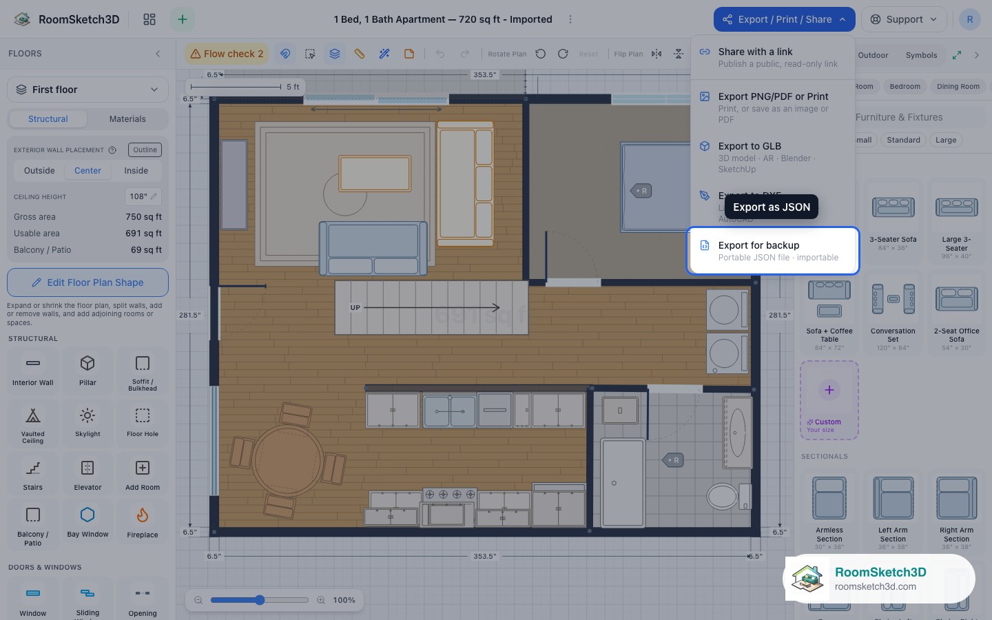 The Export / Print / Share menu with 'Export for backup' highlighted — RoomSketch3D home design app