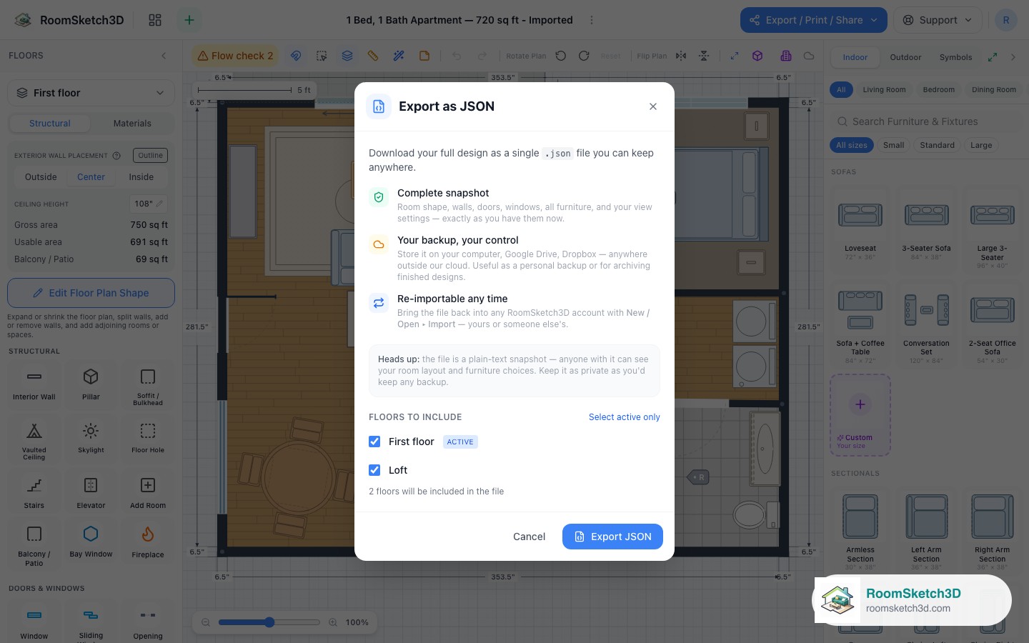 The Export for backup dialog describing the JSON snapshot, with the Export button — RoomSketch3D floor plan creator
