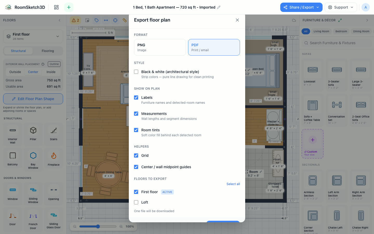 The Export floor plan dialog with PDF selected as the format and an Export PDF button