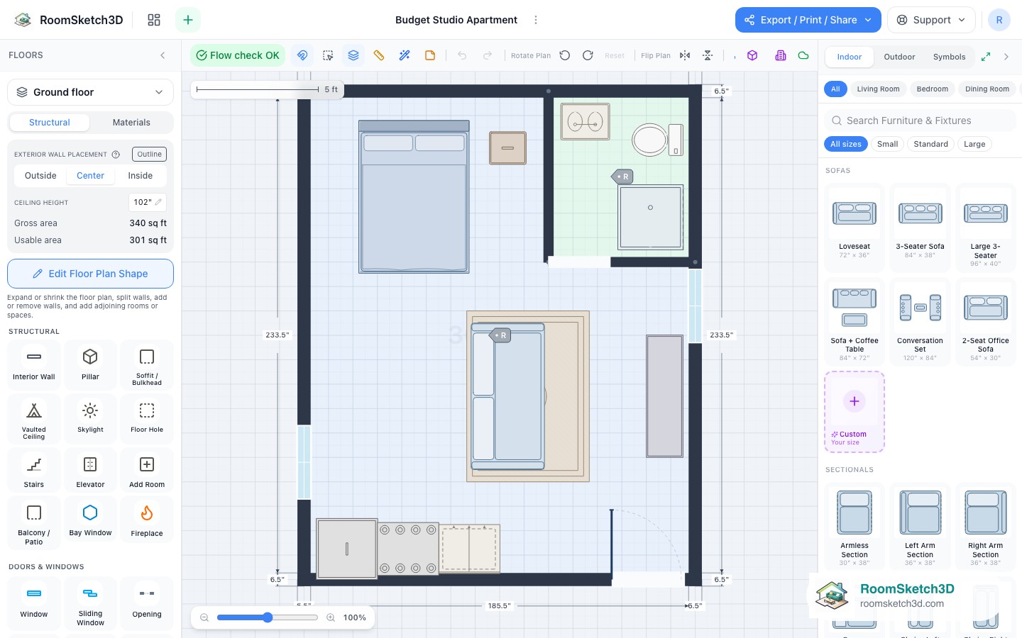 A piece selected in the Budget Studio Apartment template with its size and options shown — RoomSketch3D floor planner