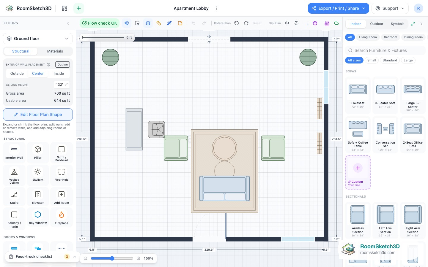 A piece selected in the Apartment Lobby template with its size and options shown — RoomSketch3D 3D floorplan software