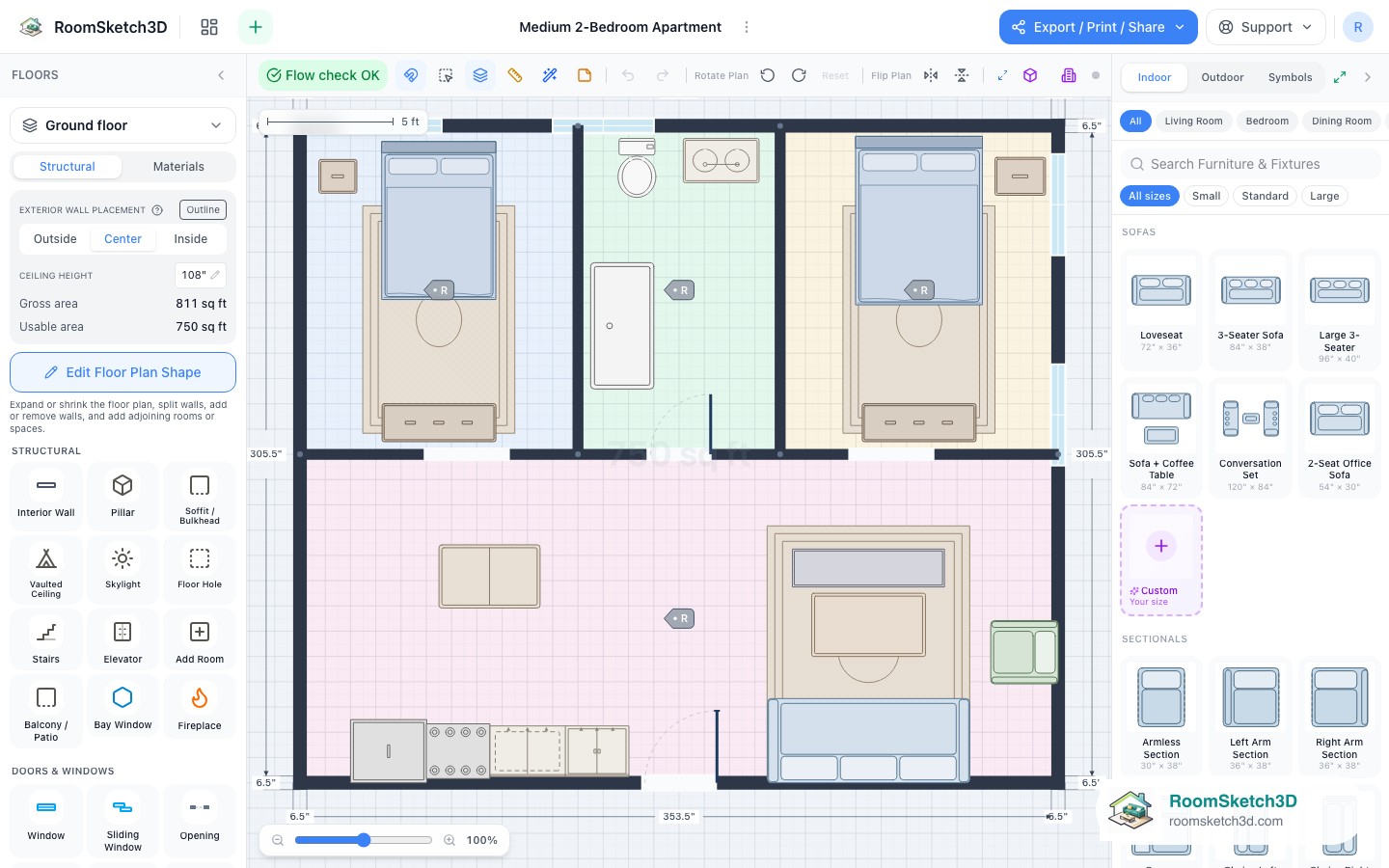 The Medium 2-Bedroom Apartment template open in the RoomSketch3D 2D editor, every piece placed to scale