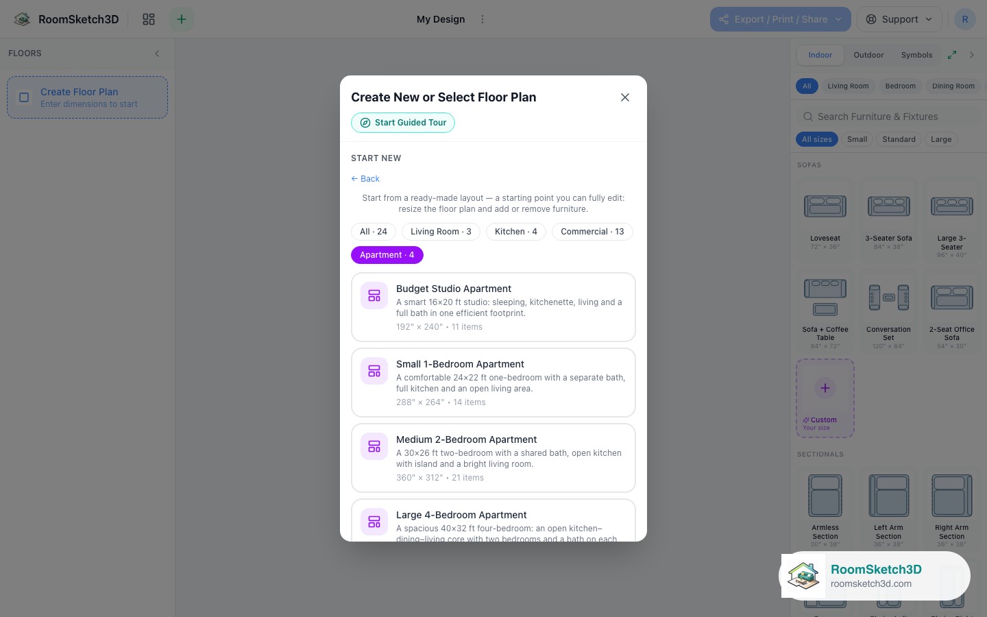 The Small 1-Bedroom Apartment card in the RoomSketch3D template picker