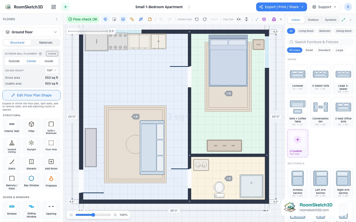 The Small 1-Bedroom Apartment template open in the RoomSketch3D 2D editor, every piece placed to scale