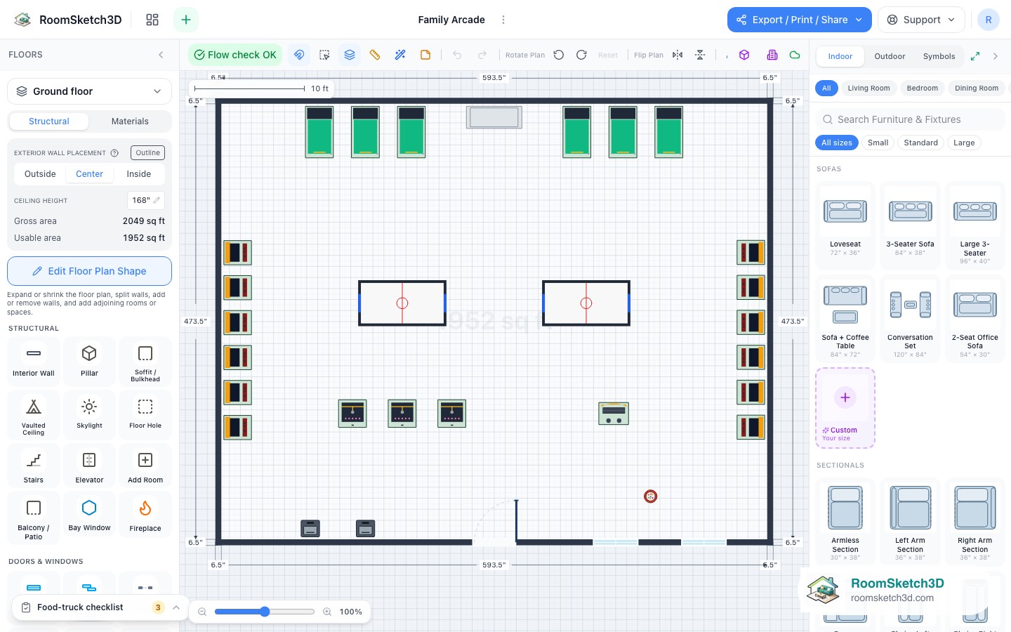 A piece selected in the Family Arcade template with its size and options shown — RoomSketch3D home design app