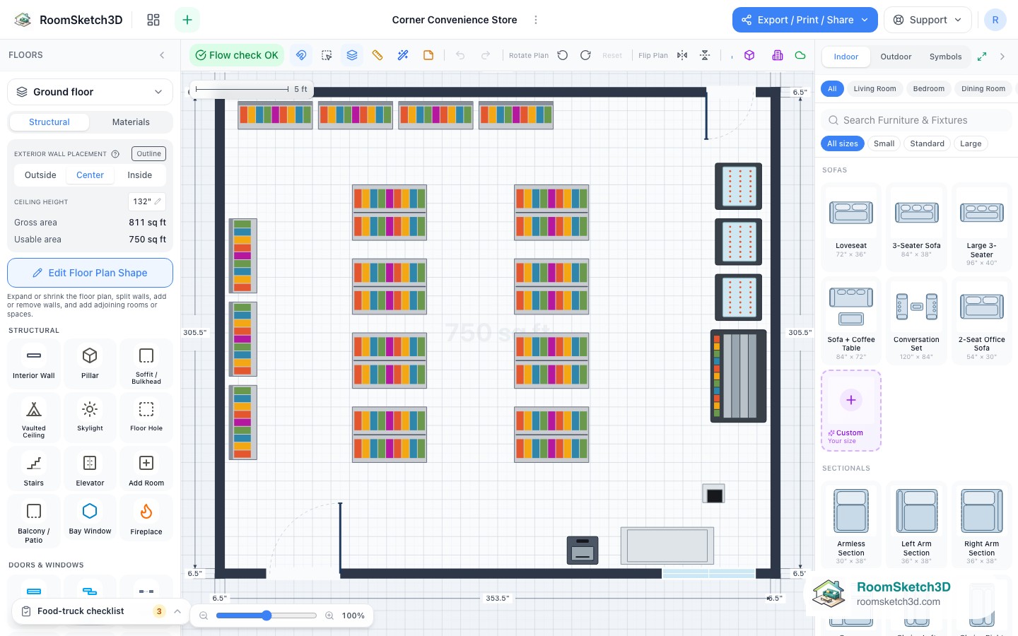 A piece selected in the Corner Convenience Store template with its size and options shown — RoomSketch3D home design app