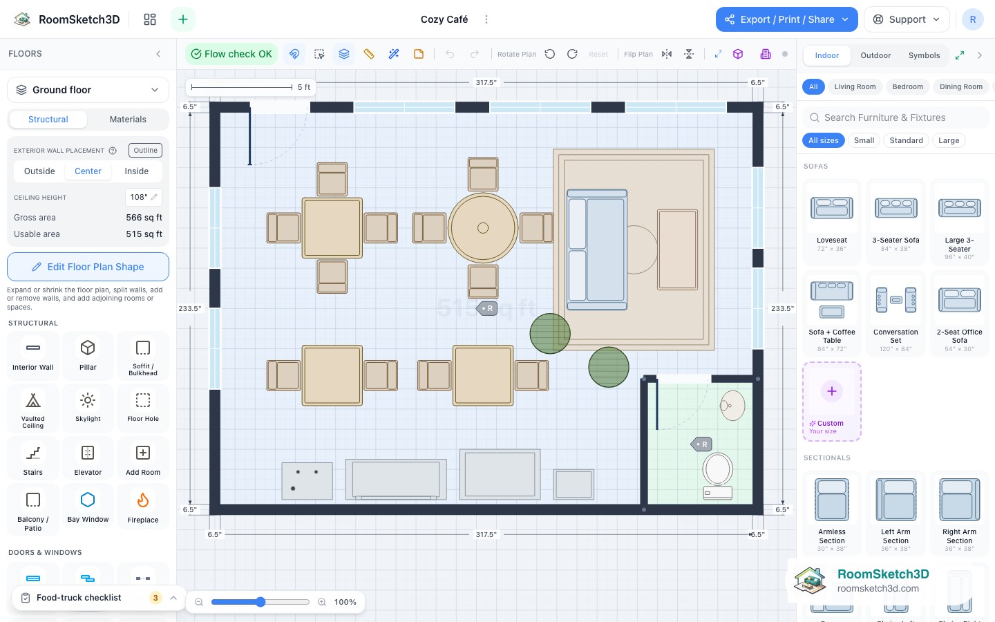 The Cozy Café template open in the RoomSketch3D 2D editor, every piece placed to scale