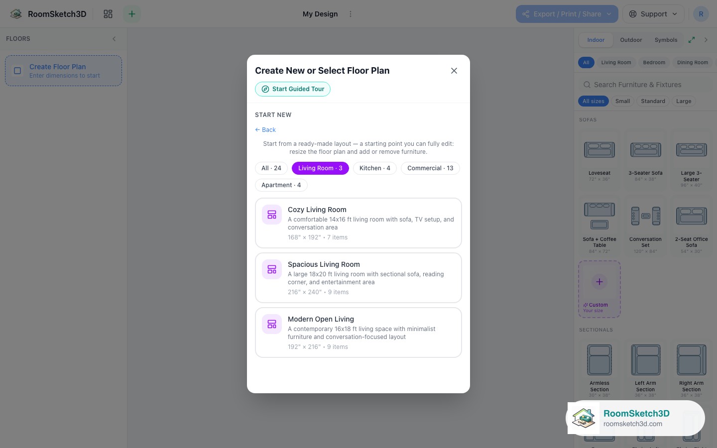 The Cozy Living Room card in the RoomSketch3D template picker