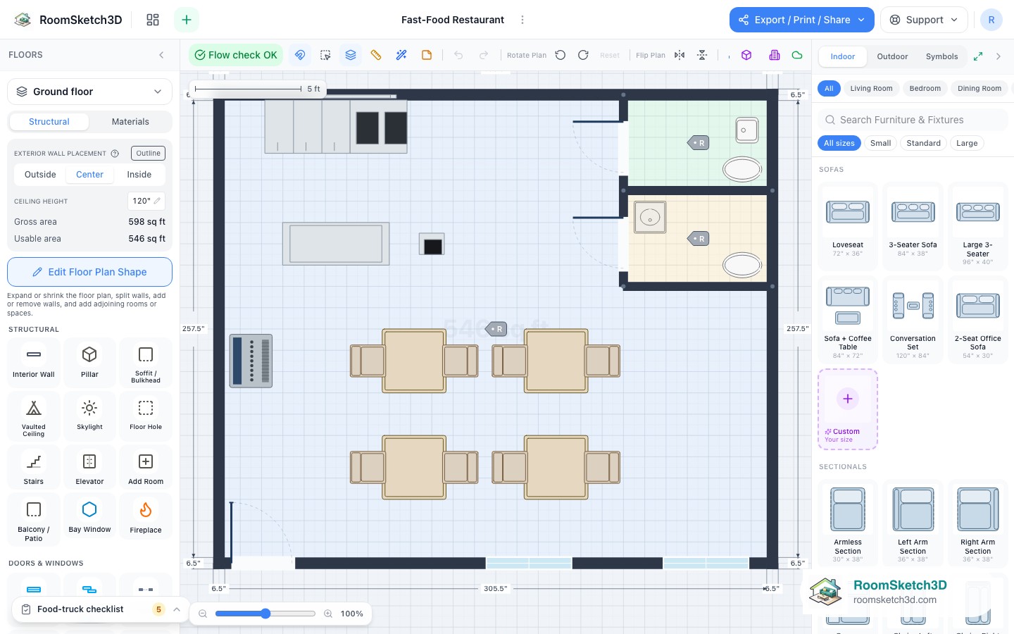 A piece selected in the Fast-Food Restaurant template with its size and options shown — RoomSketch3D floor planner