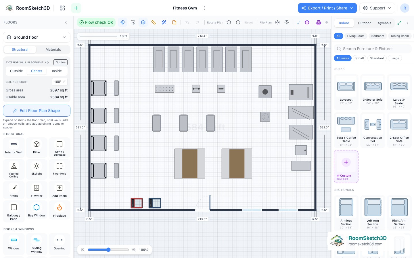 The Fitness Gym template open in the RoomSketch3D 2D editor, every piece placed to scale