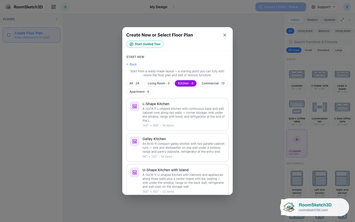 The Galley Kitchen card in the RoomSketch3D template picker