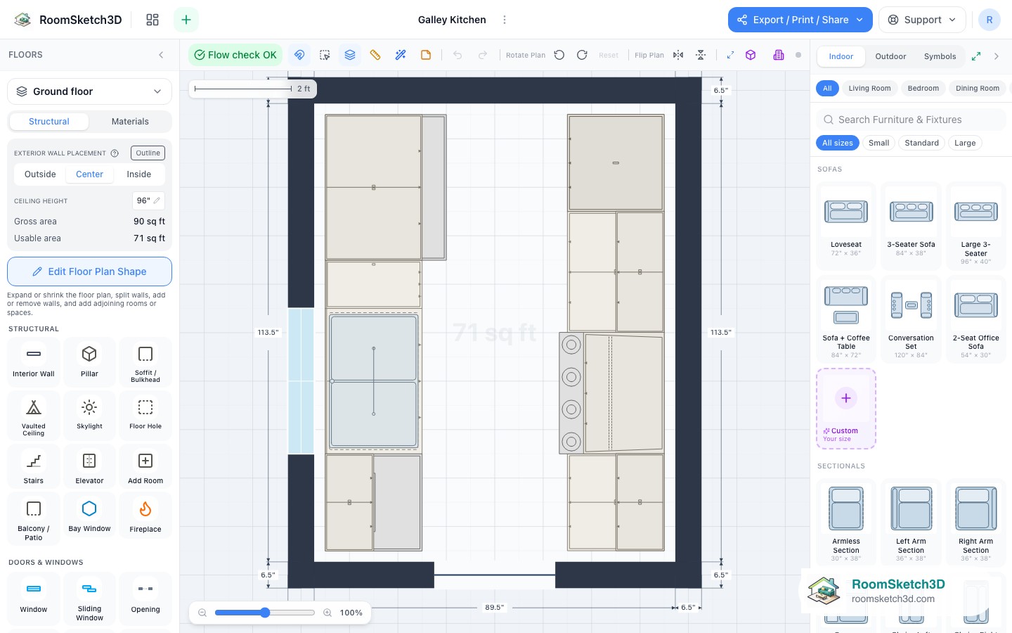 The Galley Kitchen template open in the RoomSketch3D 2D editor, every piece placed to scale