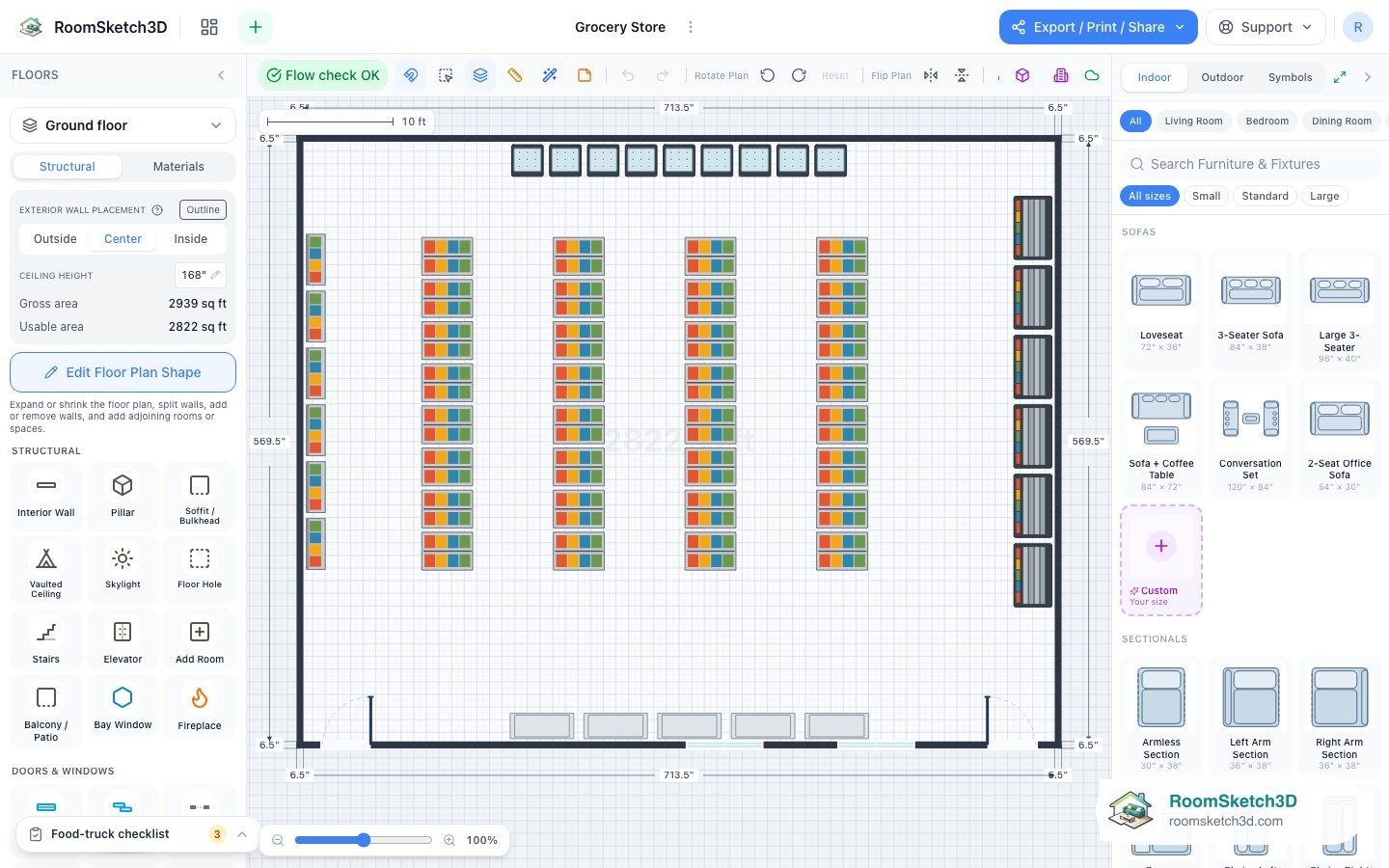 A piece selected in the Grocery Store template with its size and options shown — RoomSketch3D room planner app
