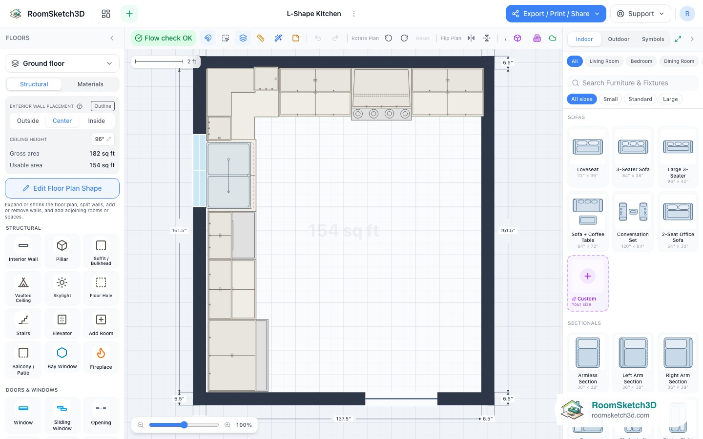 A piece selected in the L-Shape Kitchen template with its size and options shown — RoomSketch3D room planner app