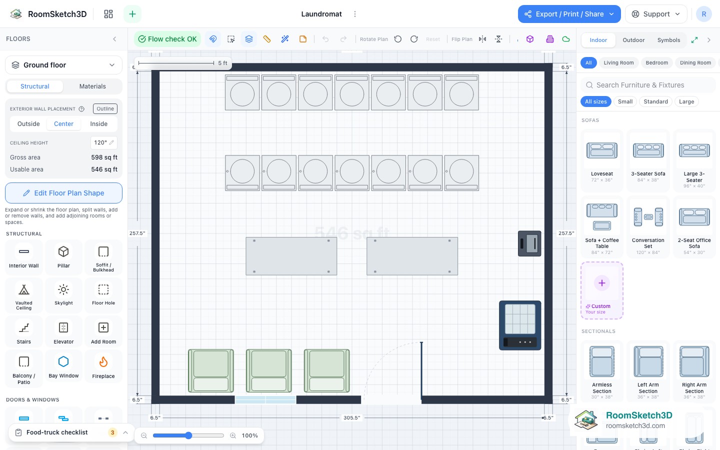 A piece selected in the Laundromat template with its size and options shown — RoomSketch3D home design app