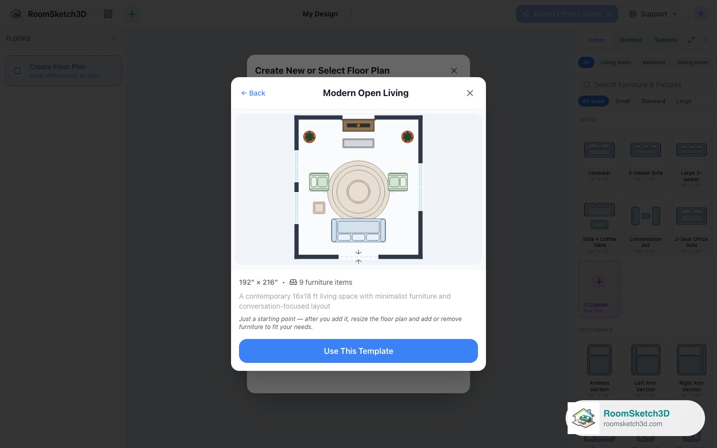 Previewing the Modern Open Living template before opening it — RoomSketch3D floor plan creator