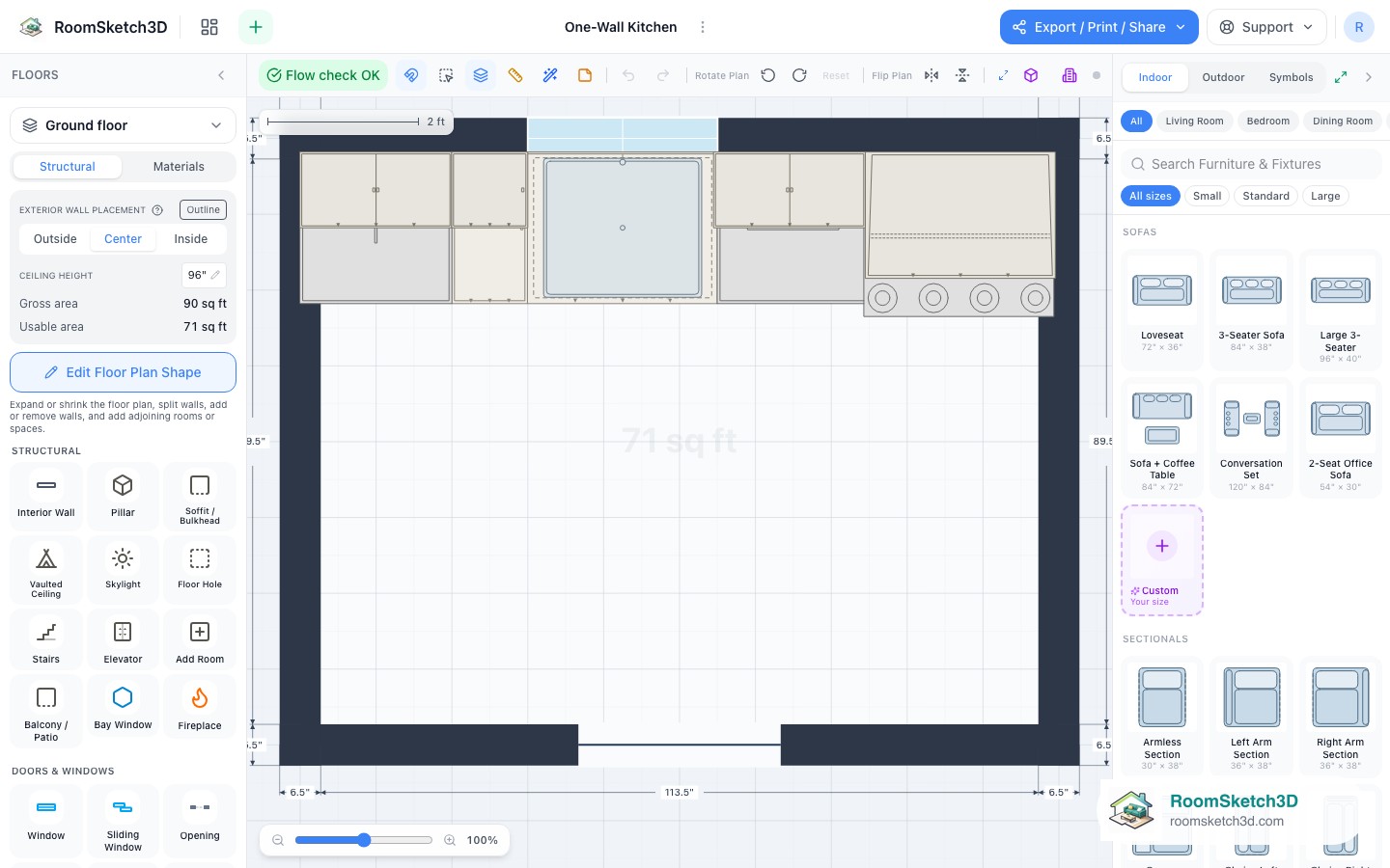 The One-Wall Kitchen template open in the RoomSketch3D 2D editor, every piece placed to scale