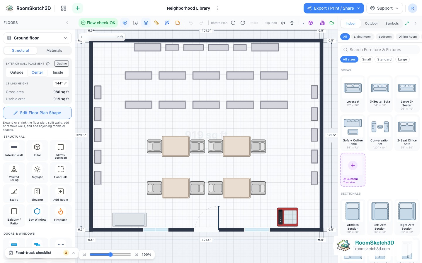 A piece selected in the Neighborhood Library template with its size and options shown — RoomSketch3D floor planner