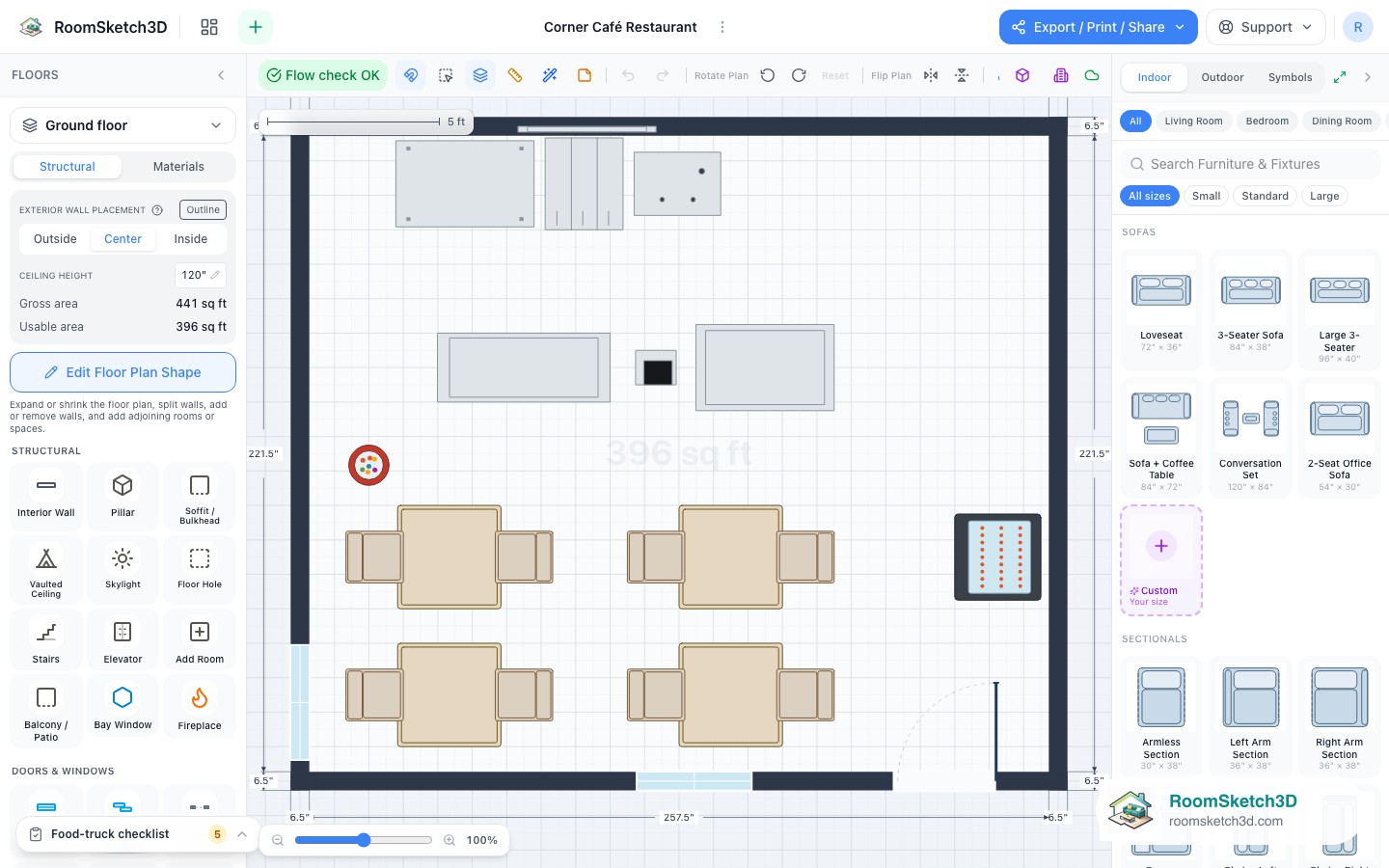 A piece selected in the Corner Café Restaurant template with its size and options shown — RoomSketch3D floor planner