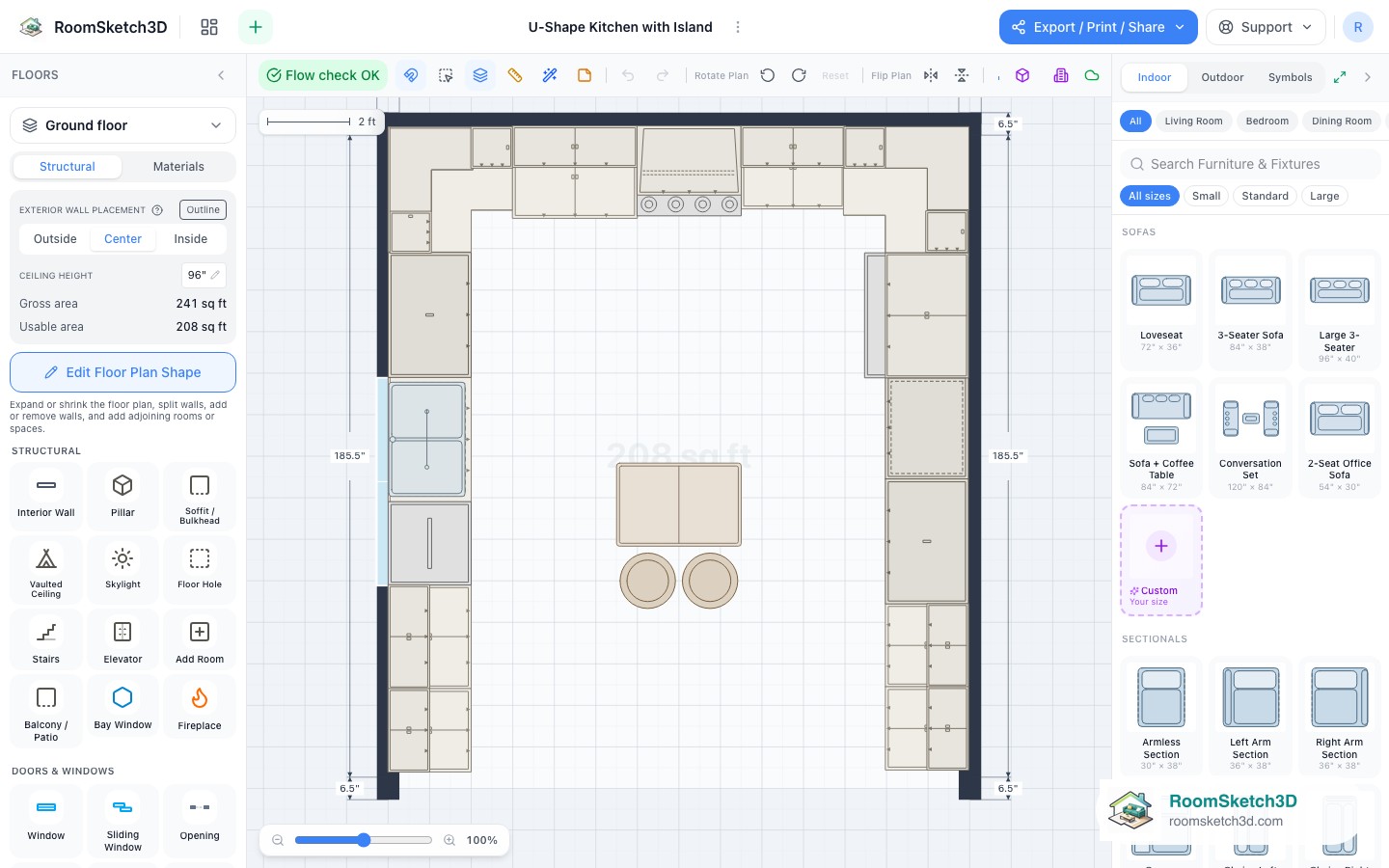 A piece selected in the U-Shape Kitchen with Island template with its size and options shown — RoomSketch3D 3D floorplan software
