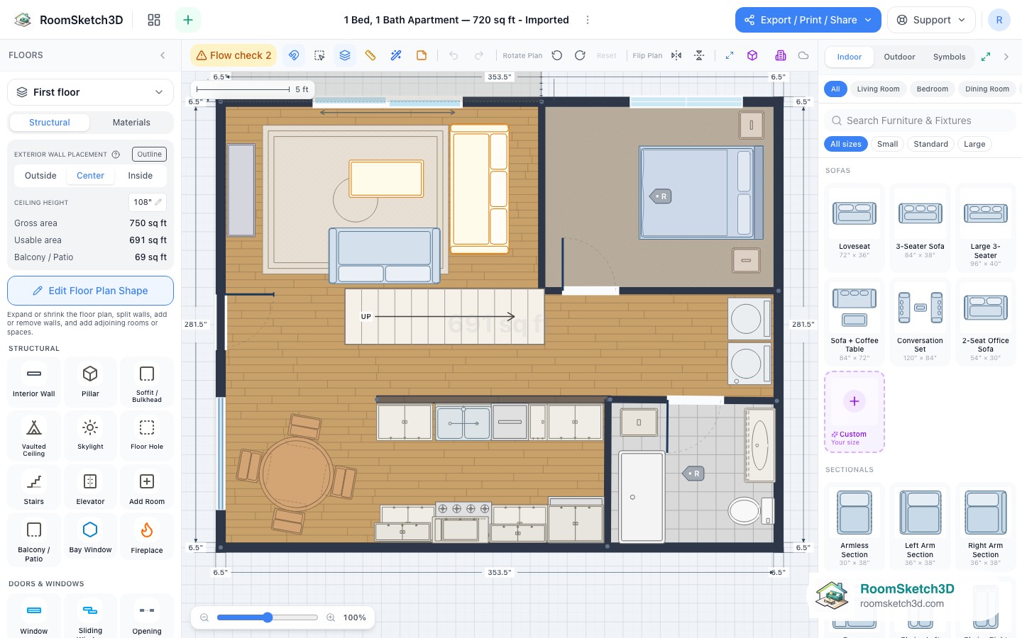 The 2D editor after returning from the interrupted 3D view, plan intact — RoomSketch3D room planner app