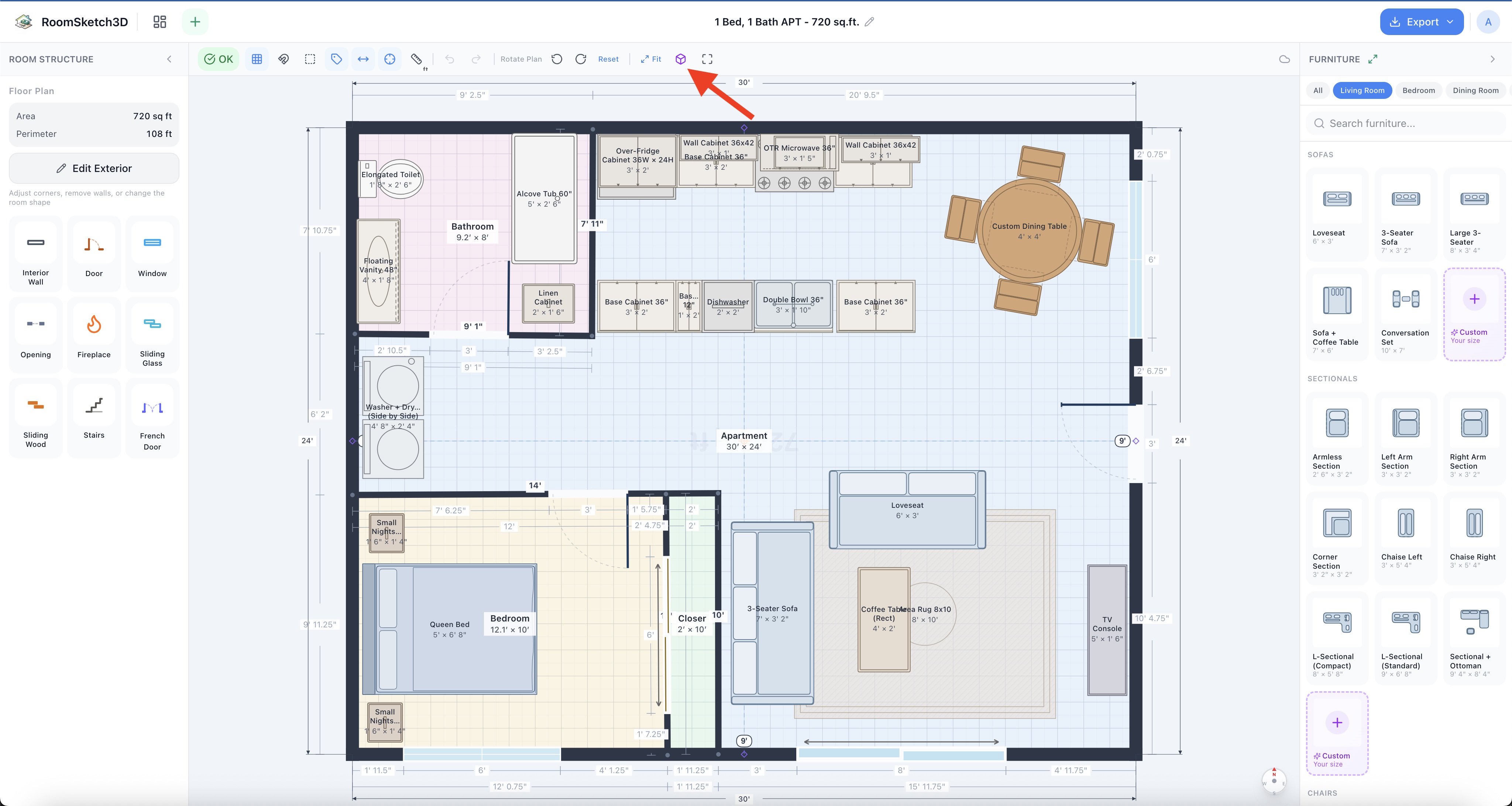 The 3D View button in the RoomSketch3D editor