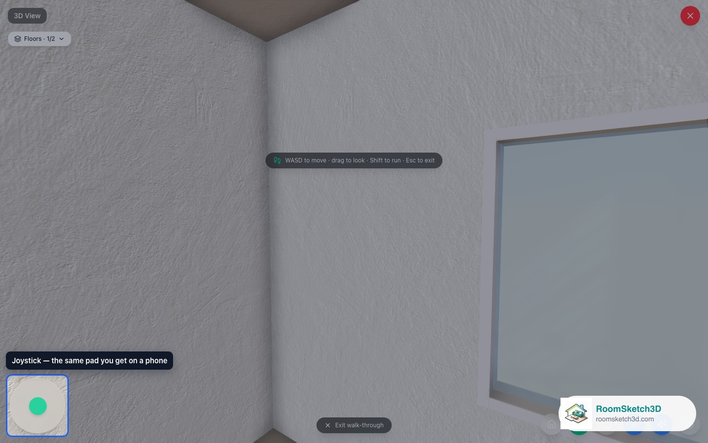 The on-screen joystick pad at the bottom left of the walk view, highlighted — RoomSketch3D floor plan creator