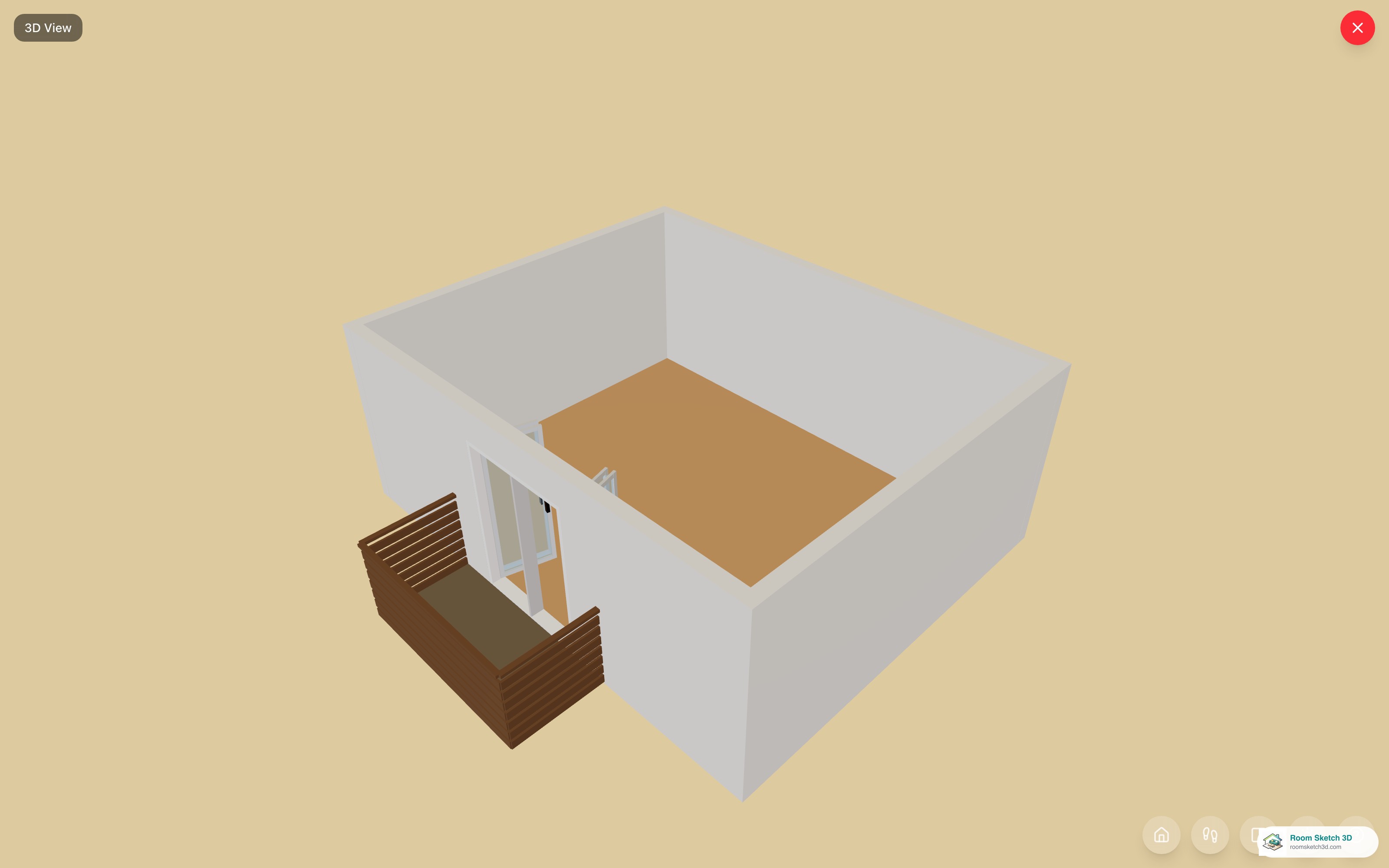 3D view of a balcony with horizontal-slat railings — horizontal wood or metal slats spaced narrowly