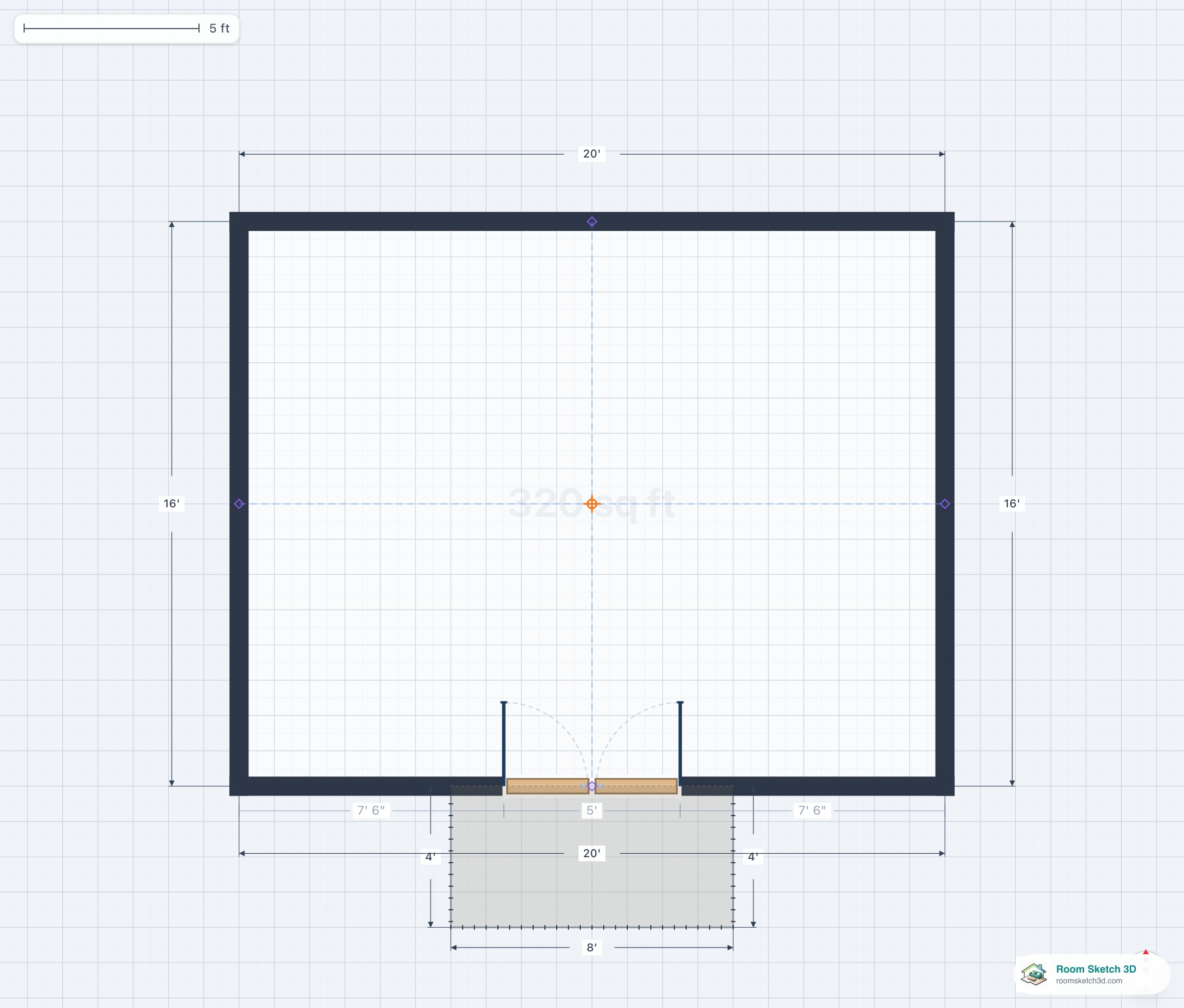 Floor plan of a rectangular balcony projecting from one exterior wall, accessed by a French door