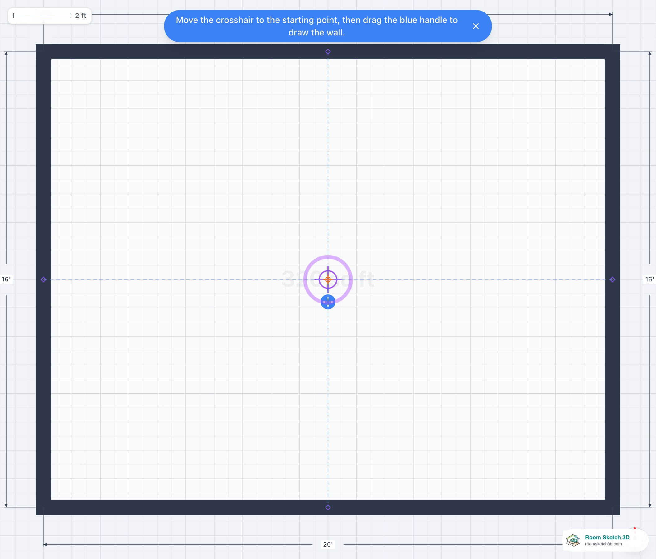 Interior Wall placement mode in RoomSketch3D — red cross-hair chain anchor at room center, blue pull handle below it, and a blue instruction tooltip explaining the workflow